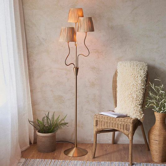 Wriggle 3 Lights Raffia Shade Floor Lamp In Brushed Aged Brass