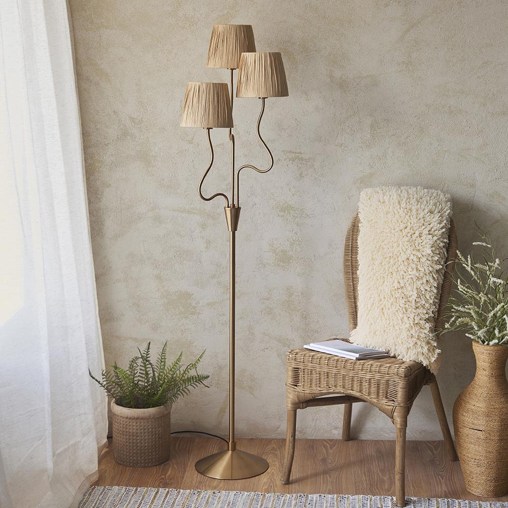 Wriggle 3 Lights Raffia Shade Floor Lamp In Brushed Aged Brass