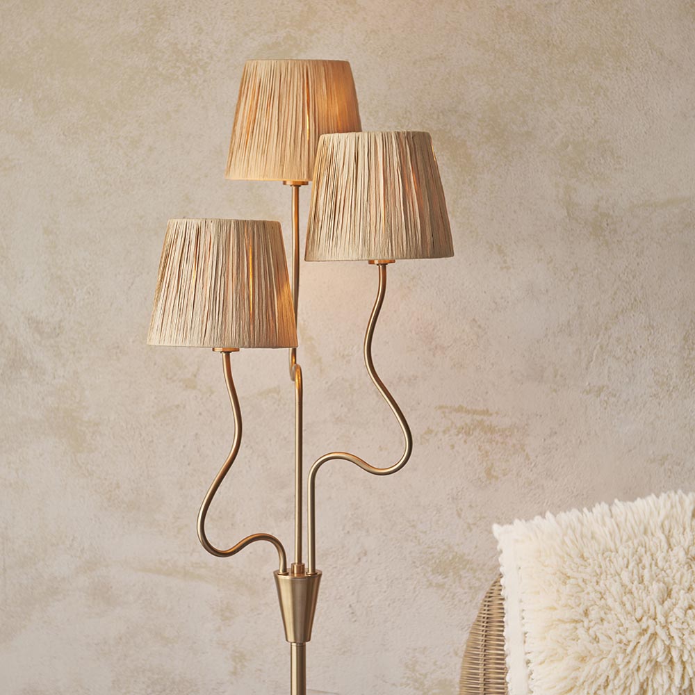 Wriggle 3 Lights Raffia Shade Floor Lamp In Brushed Aged Brass