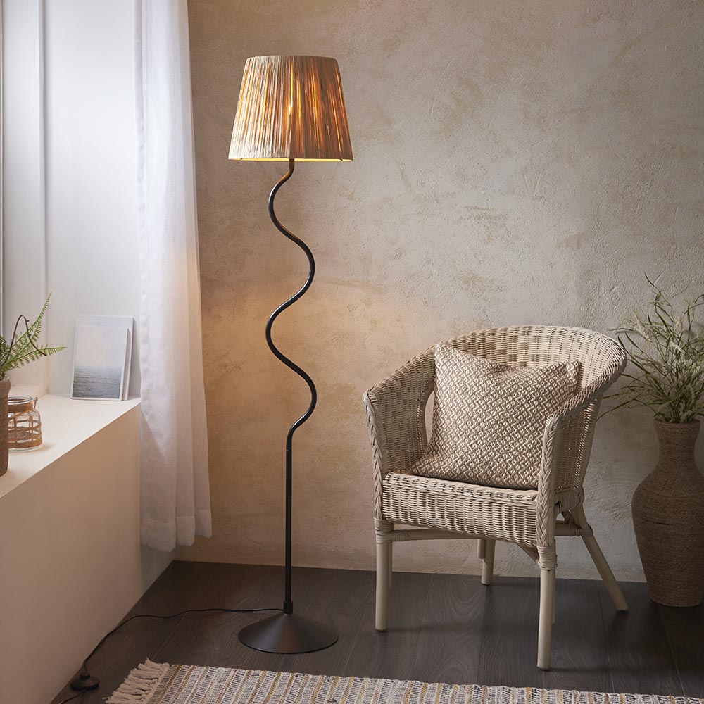 Wriggle Raffia Shade Floor Lamp In Matt Black