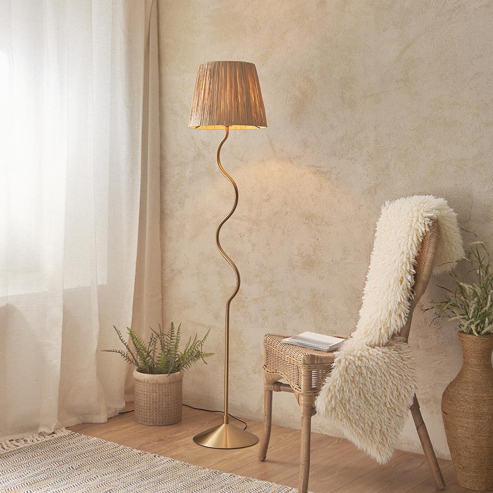 Wriggle Raffia Shade Floor Lamp In Brushed Aged Brass