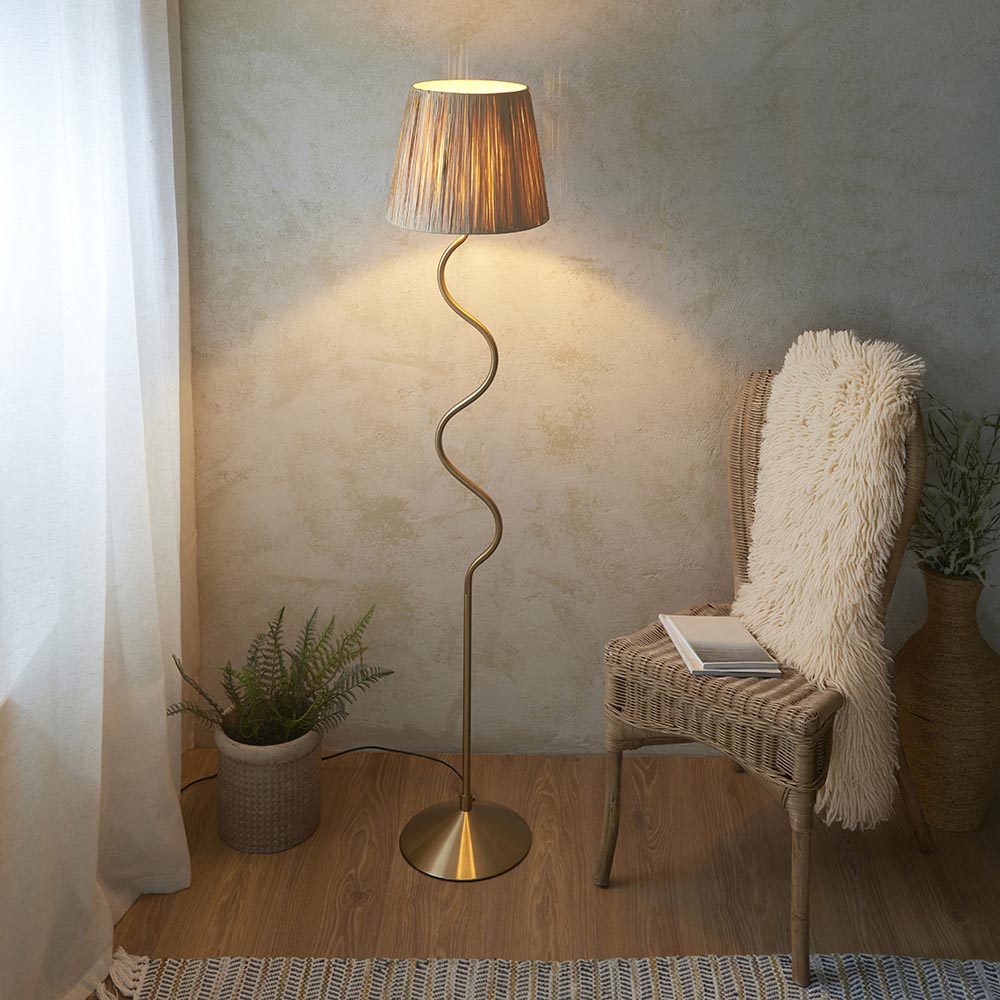 Wriggle Raffia Shade Floor Lamp In Brushed Aged Brass