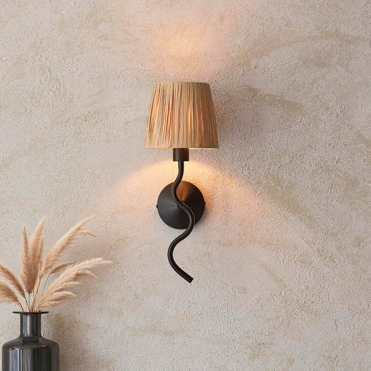 Wriggle Raffia Shade Wall Light In Matt Black