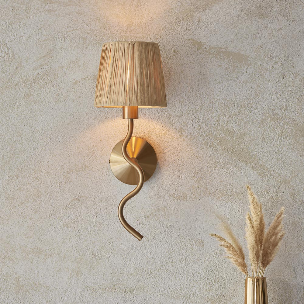 Wriggle Raffia Shade Wall Light In Brushed Aged Brass