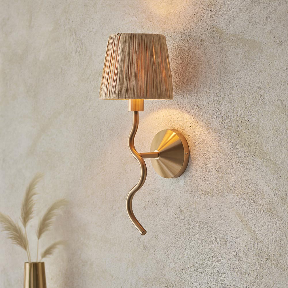 Wriggle Raffia Shade Wall Light In Brushed Aged Brass