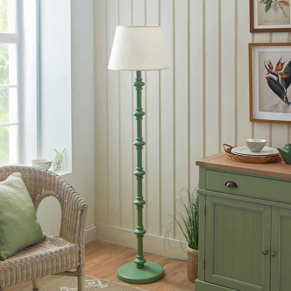 Carnaby And Ivy 40cm Vintage White Shade Floor Lamp With Satin Cotswold Green Base