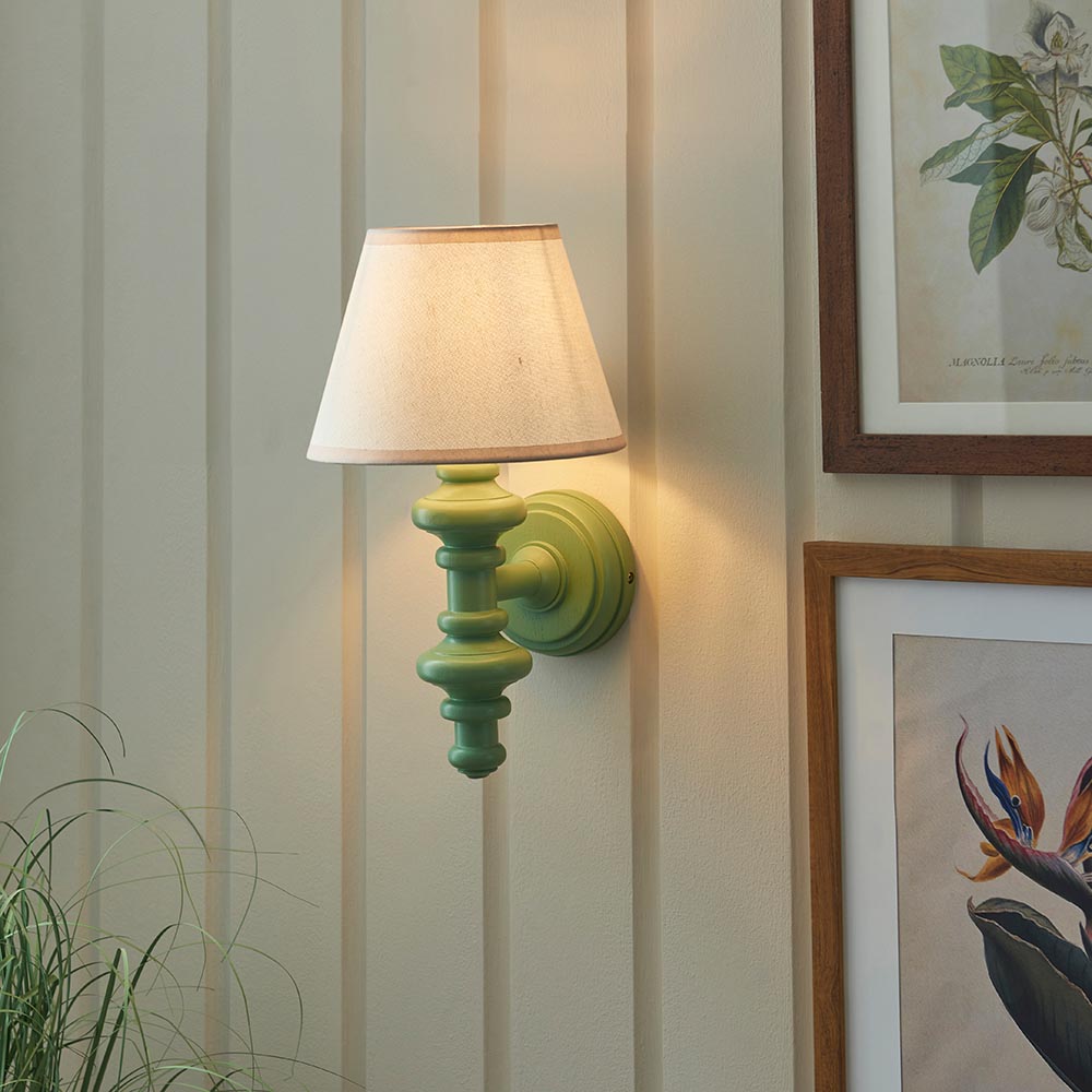 Carnaby And Ivy 20cm Vintage White Shade Wall Light With Satin Cotswold Green Base