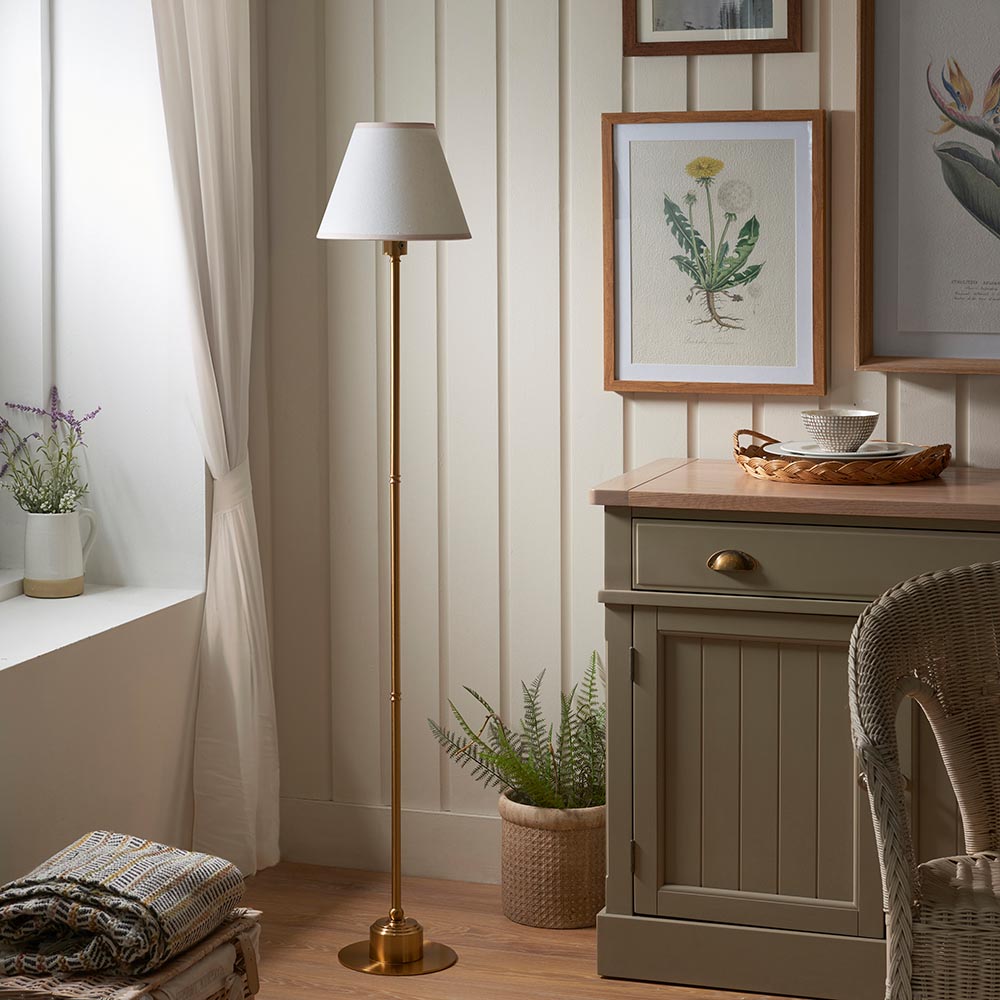 Burley Rechargeable And Ivy 25cm Vintage White Shade Floor Lamp In Brushed Aged Brass