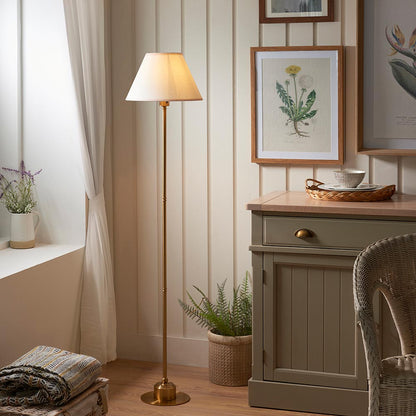 Burley Rechargeable And Ivy 30cm Vintage White Shade Floor Lamp In Brushed Aged Brass