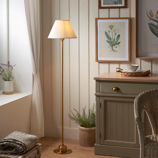 Burley Rechargeable And Ivy 30cm Vintage White Shade Floor Lamp In Brushed Aged Brass