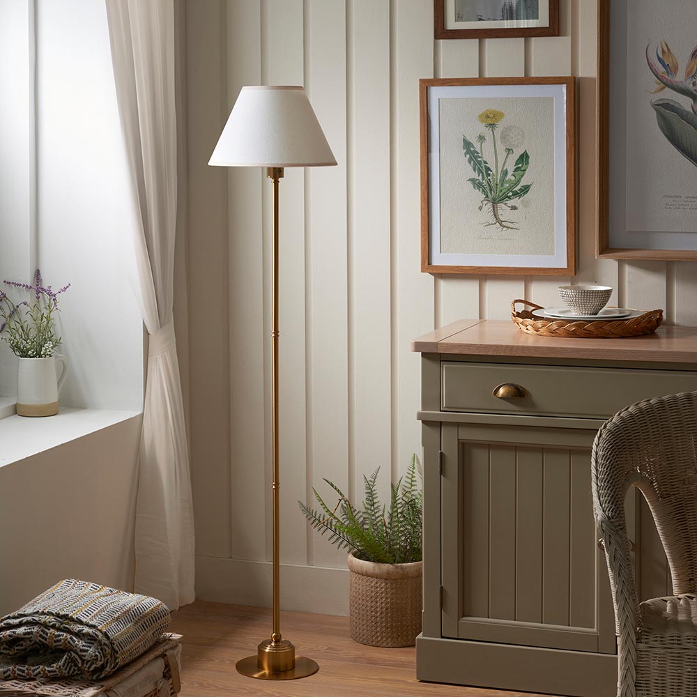 Burley Rechargeable And Ivy 30cm Vintage White Shade Floor Lamp In Brushed Aged Brass