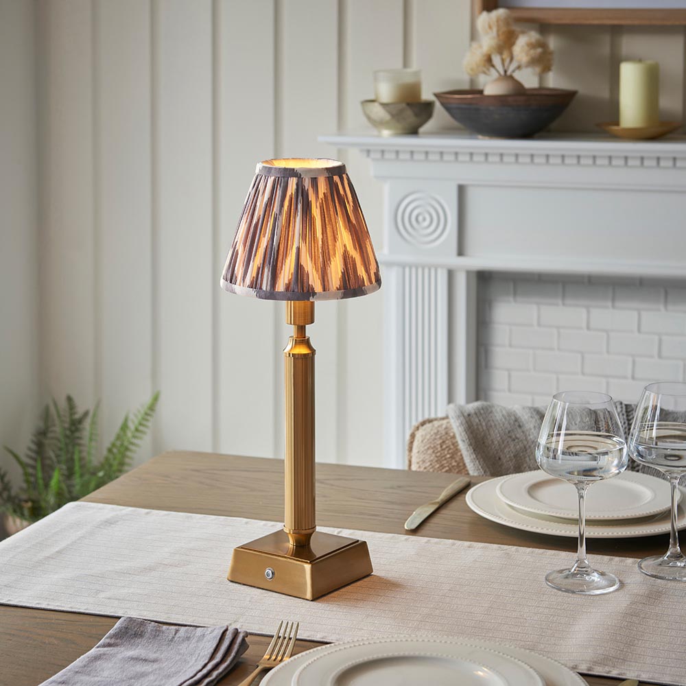 Trobridge Rechargeable And Zigzag 16cm Pearl Grey Shade Table Lamp In Brushed Aged Brass