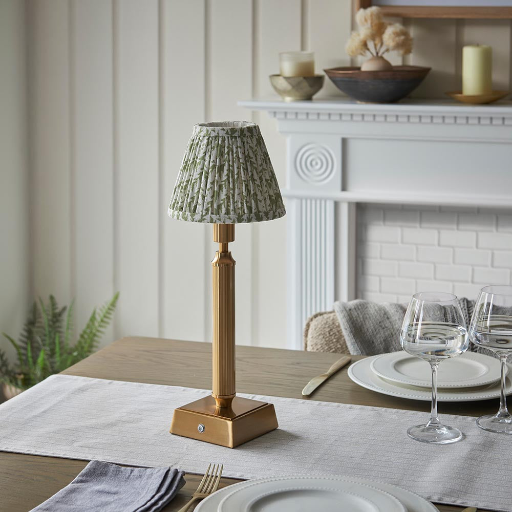 Trobridge Rechargeable And Leaf 16cm Herb Garden Green Shade Table Lamp In Brushed Aged Brass