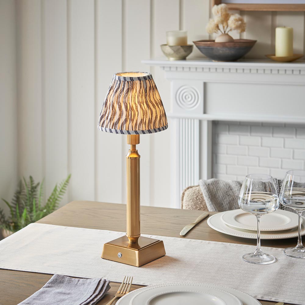 Trobridge Rechargeable And Ripple 16cm Pearl Grey Shade Table Lamp In Brushed Aged Brass