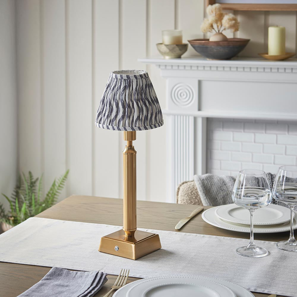 Trobridge Rechargeable And Ripple 16cm Pearl Grey Shade Table Lamp In Brushed Aged Brass