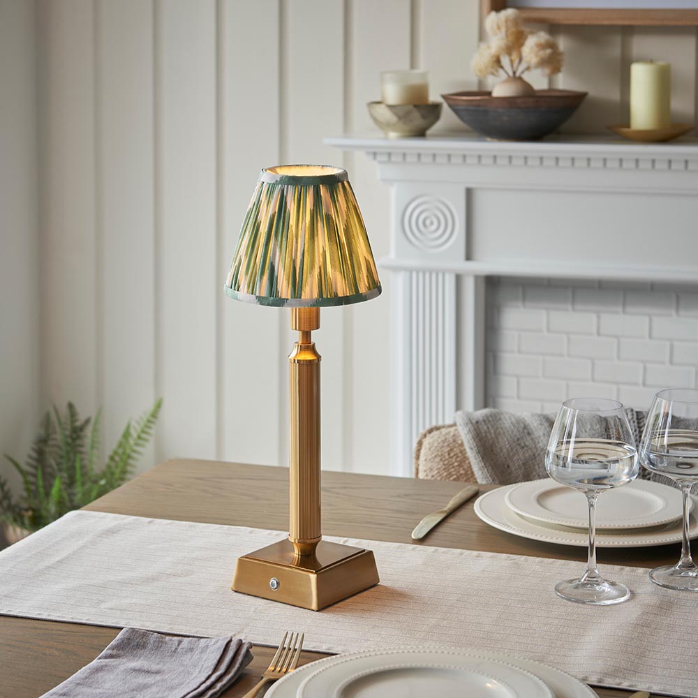 Trobridge Rechargeable And Zigzag 16cm Cotswold Green Shade Table Lamp In Brushed Aged Brass