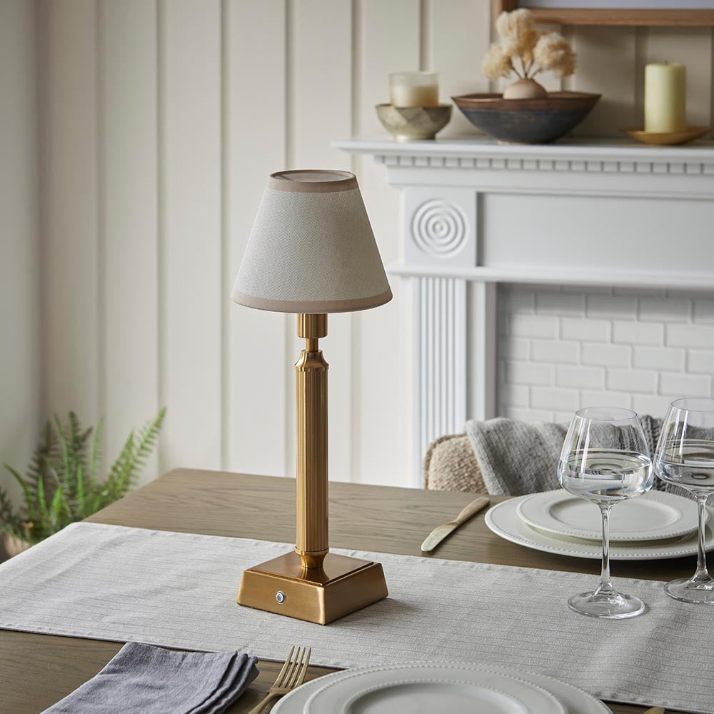 Trobridge Rechargeable And Ivy 16cm Vintage White Shade Table Lamp In Brushed Aged Brass
