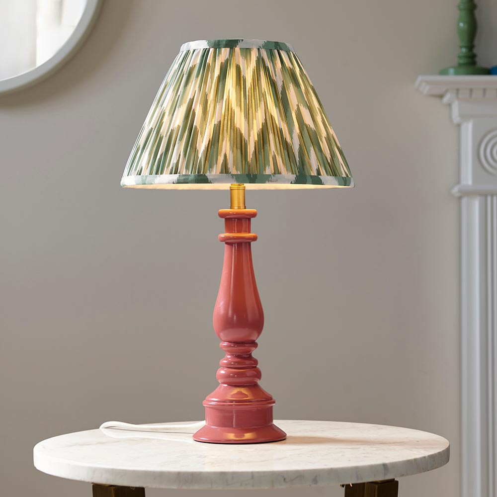Myrtle And Zigzag 30cm Cotswold Green Shade Table Lamp With Gloss Pink Clay Base
