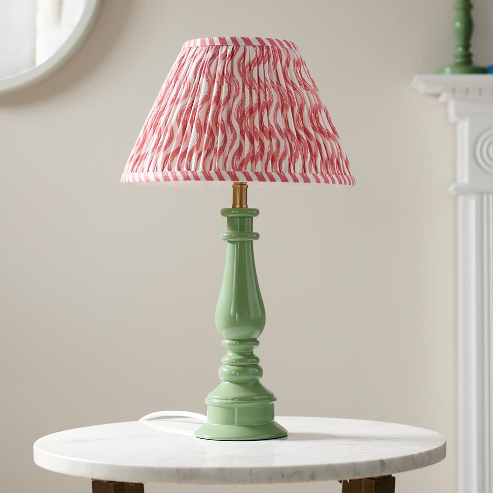 Myrtle And Ripple 30cm Coral Pink Shade Table Lamp With Gloss Cotswold Green Base