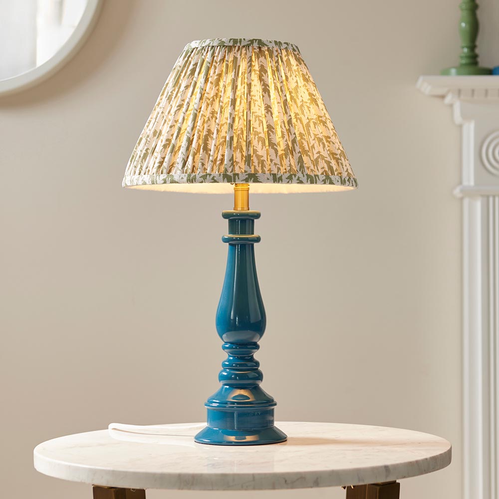 Myrtle And Leaf 30cm Herb Garden Green Shade Table Lamp With Gloss Marlin Blue Base