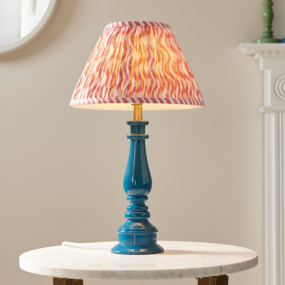 Myrtle And Ripple 30cm Coral Pink Shade Table Lamp With Gloss Marlin Blue Base