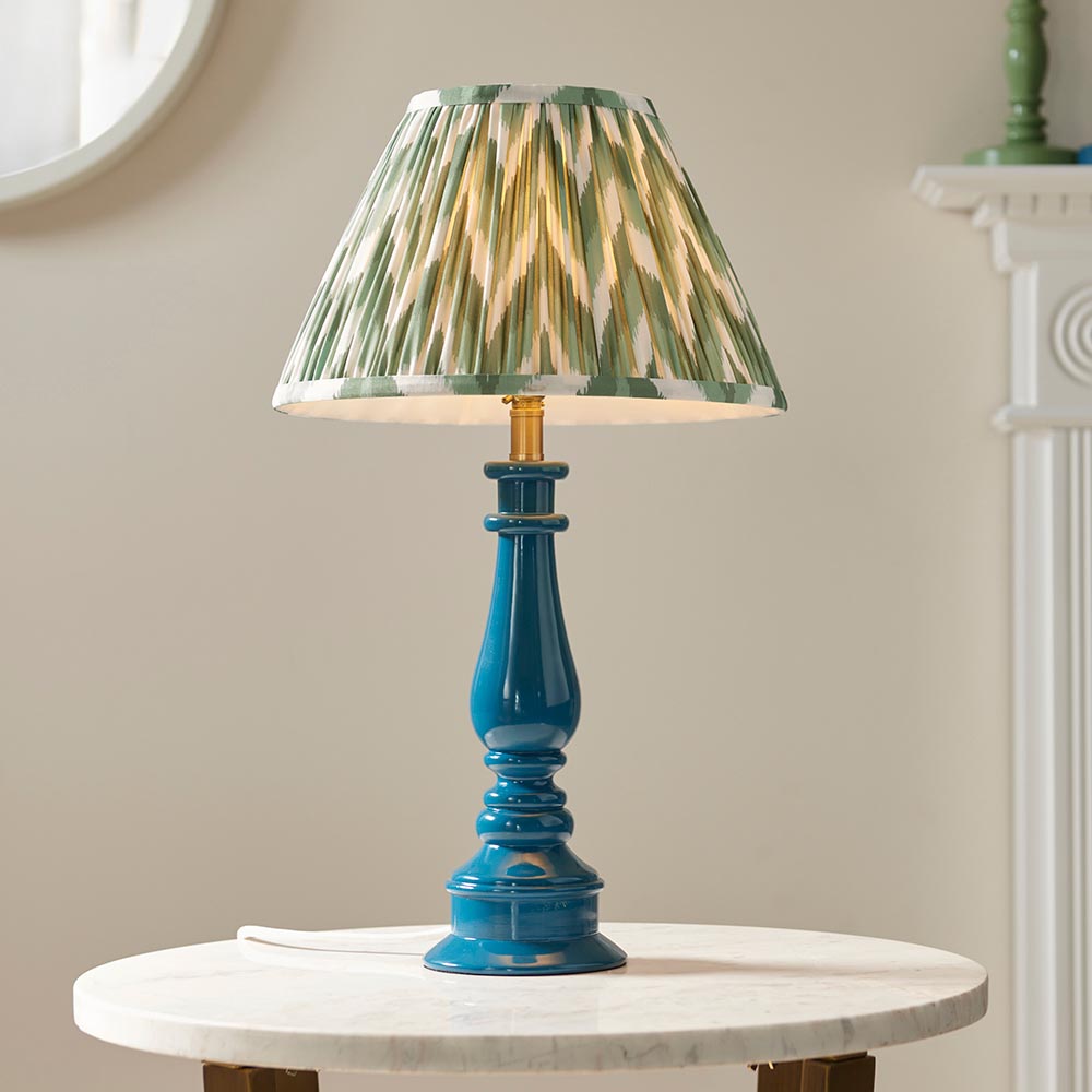 Myrtle And Zigzag 30cm Cotswold Green Shade Table Lamp With Gloss Marlin Blue Base