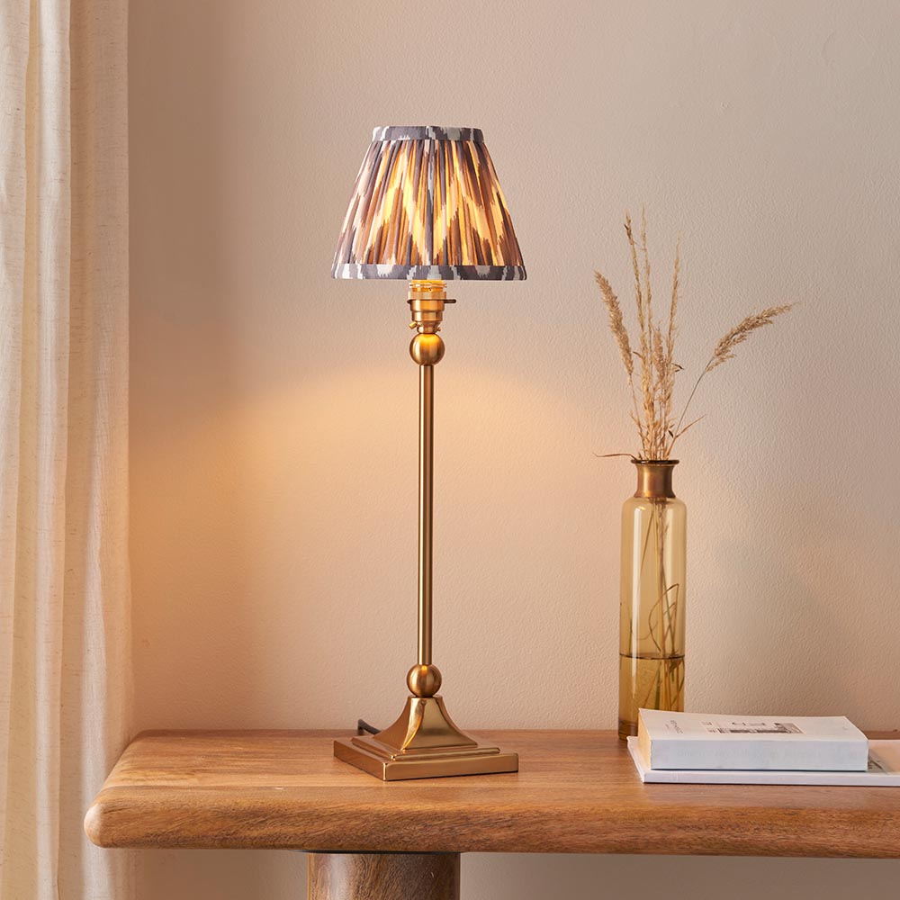 Santiago And Zigzag 16cm Pearl Grey Shade Table Lamp In Brushed Aged Brass