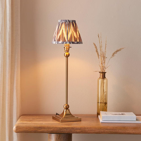 Santiago And Zigzag 16cm Pearl Grey Shade Table Lamp In Brushed Aged Brass
