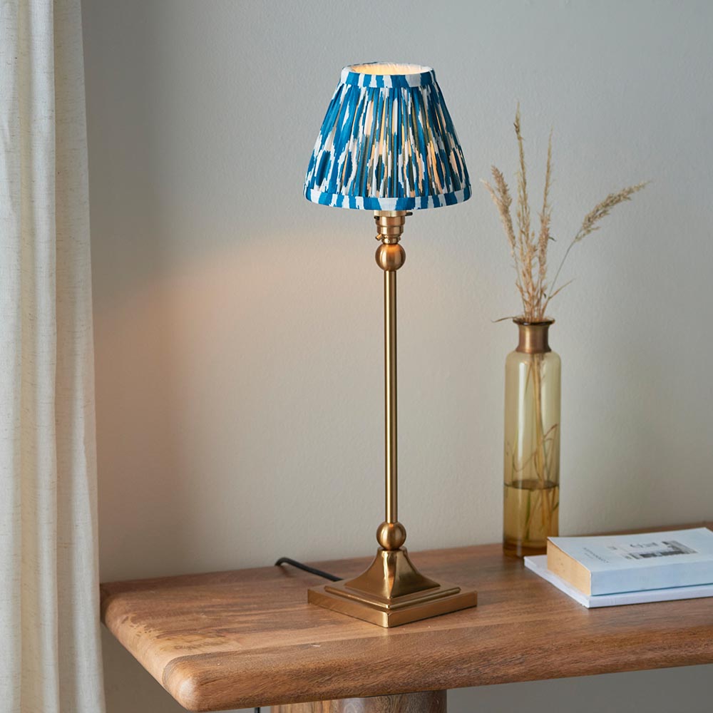 Santiago And Ikat 16cm Marlin Blue Shade Table Lamp In Brushed Aged Brass