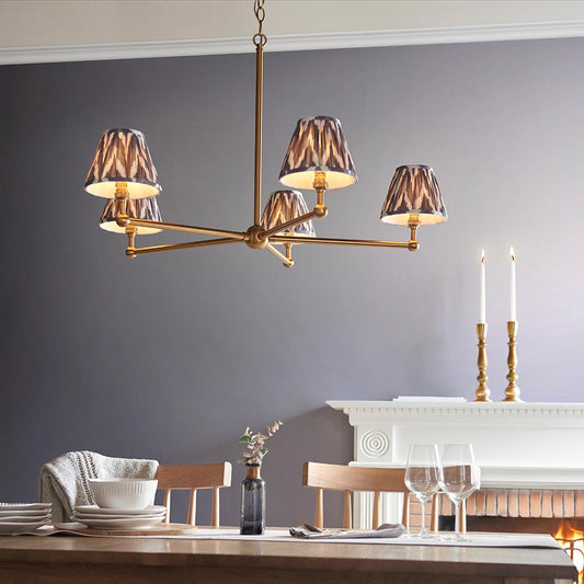 Santiago And Zigzag 5 Lights 16cm Pearl Grey Shade Ceiling Pendant Light In Brushed Aged Brass
