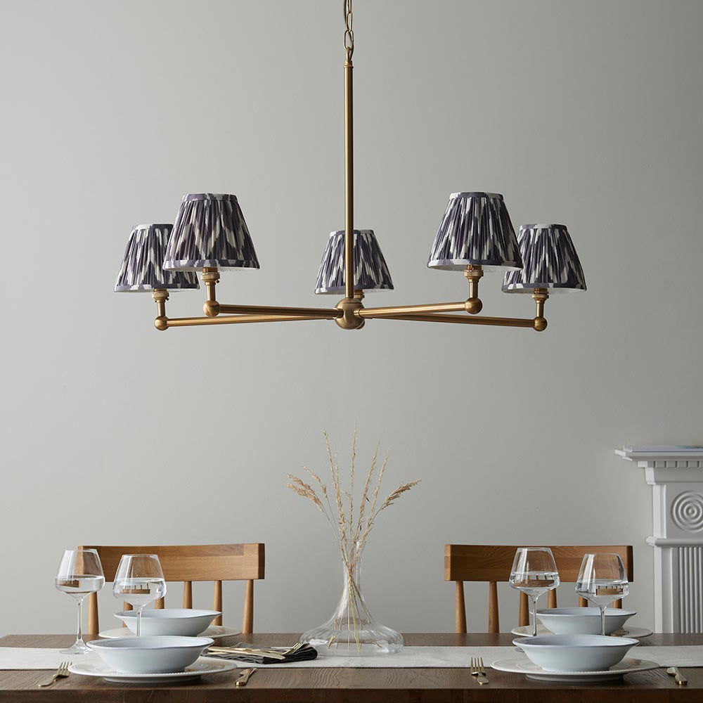 Santiago And Zigzag 5 Lights 16cm Pearl Grey Shade Ceiling Pendant Light In Brushed Aged Brass