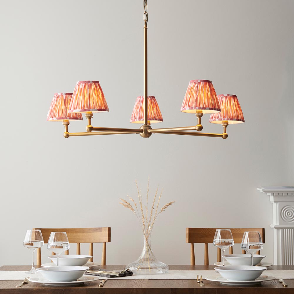 Santiago And Ikat 5 Lights 16cm Coral Pink Shade Ceiling Pendant Light In Brushed Aged Brass