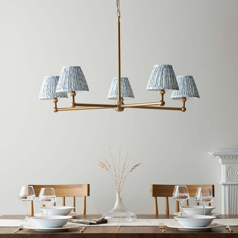 Santiago And Leaf 5 Lights 16cm Shell Bay Blue Shade Ceiling Pendant Light In Brushed Aged Brass