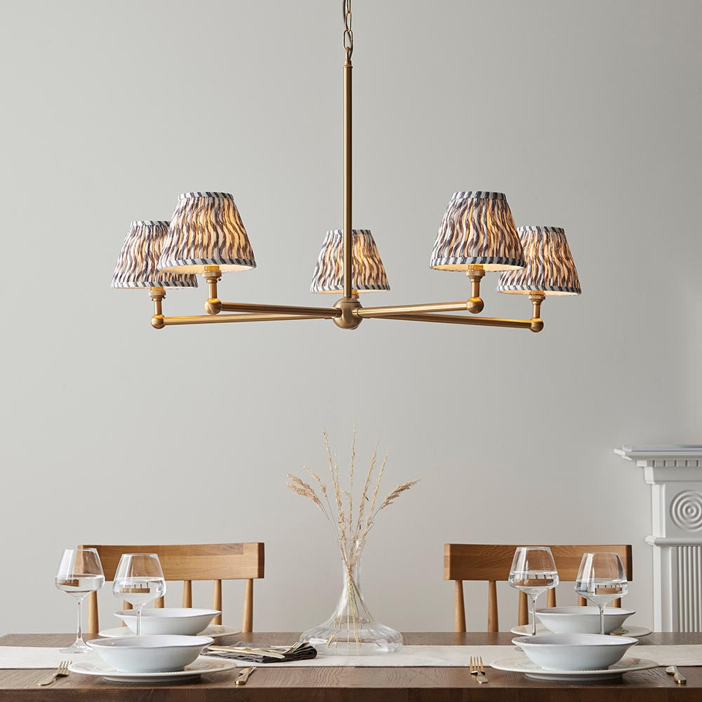 Santiago And Ripple 5 Lights 16cm Pearl Grey Shade Ceiling Pendant Light In Brushed Aged Brass