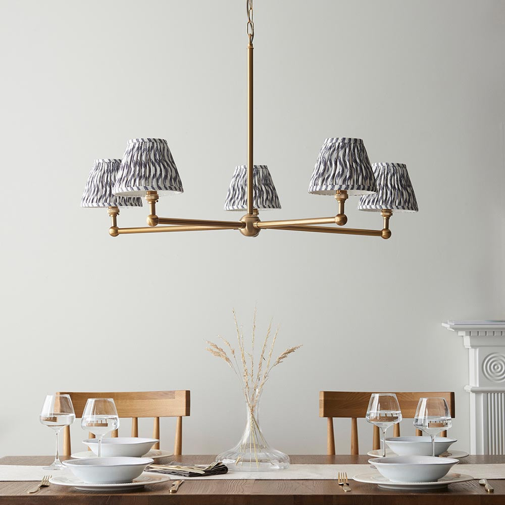 Santiago And Ripple 5 Lights 16cm Pearl Grey Shade Ceiling Pendant Light In Brushed Aged Brass