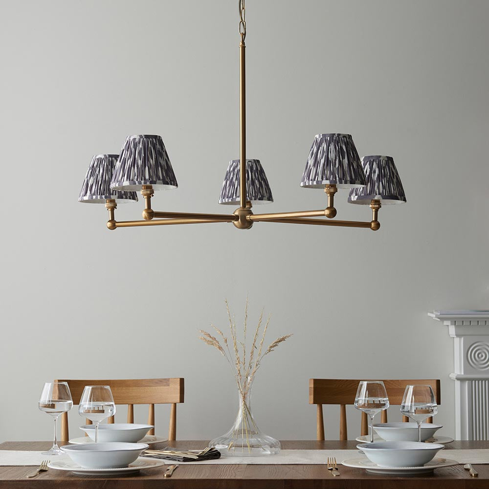 Santiago And Ikat 5 Lights 16cm Pearl Grey Shade Ceiling Pendant Light In Brushed Aged Brass