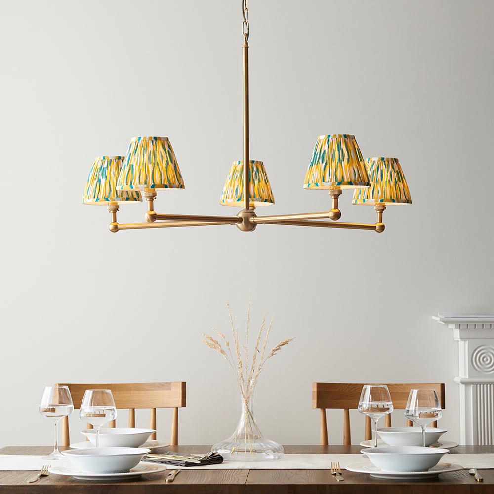 Santiago And Ikat 5 Lights 16cm Yellow And Jade Shade Ceiling Pendant Light In Brushed Aged Brass