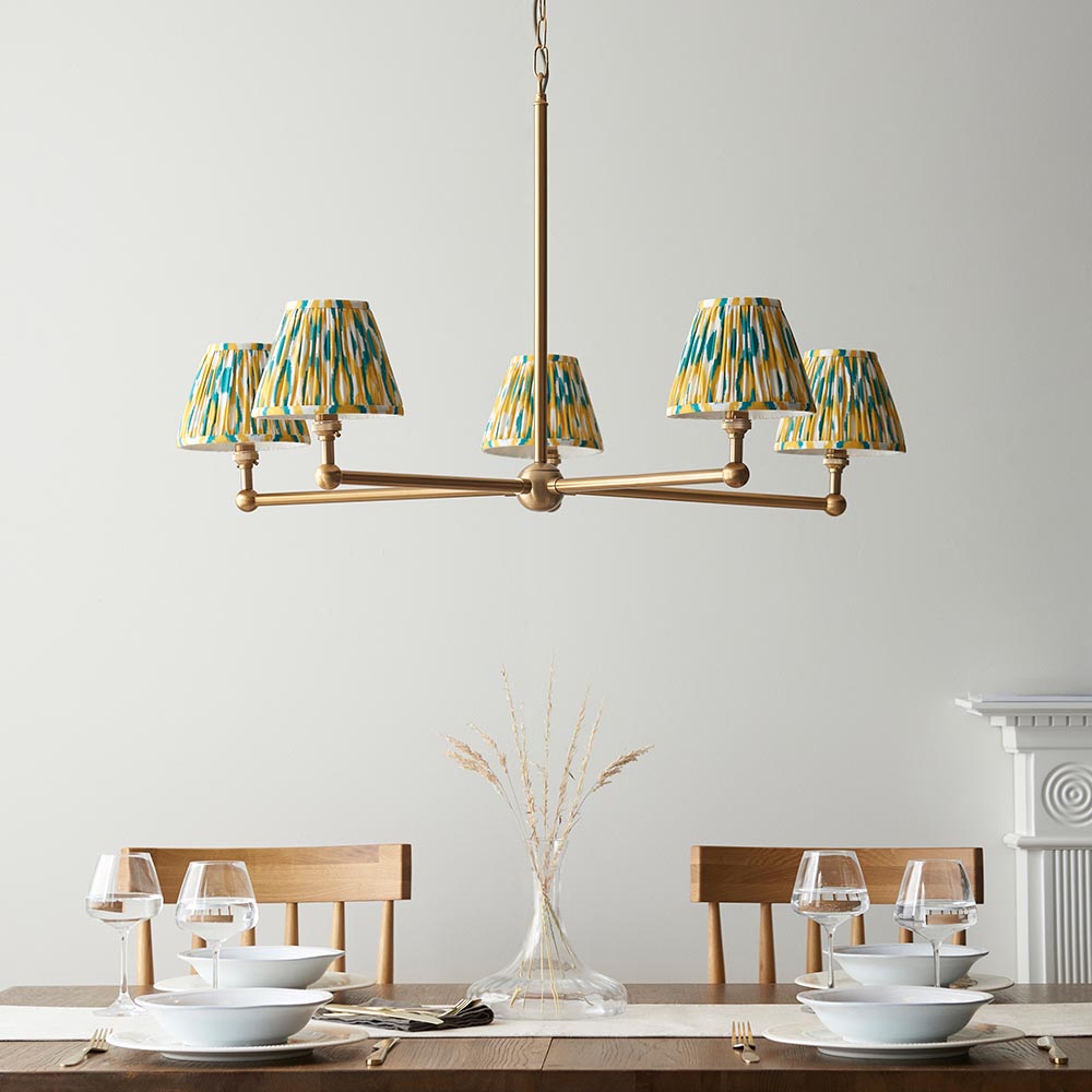 Santiago And Ikat 5 Lights 16cm Yellow And Jade Shade Ceiling Pendant Light In Brushed Aged Brass