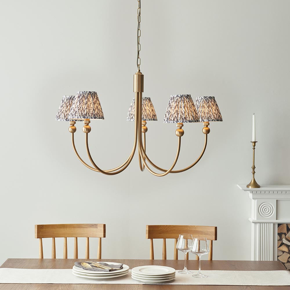 Santiago And Leaf 5 Lights 16cm Pearl Grey Shade Curved Ceiling Pendant Light In Brushed Aged Brass