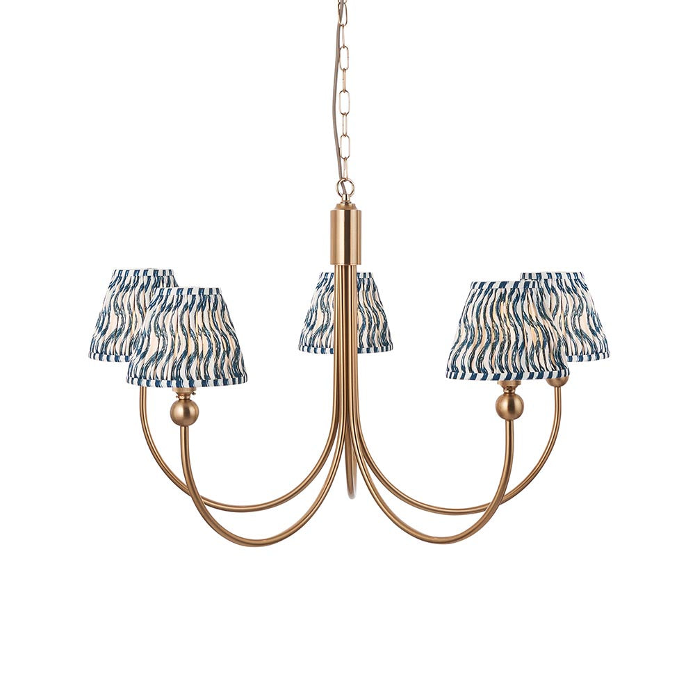 Santiago And Ripple 5 Lights 16cm Marlin Blue Shade Curved Ceiling Pendant Light In Brushed Aged Brass