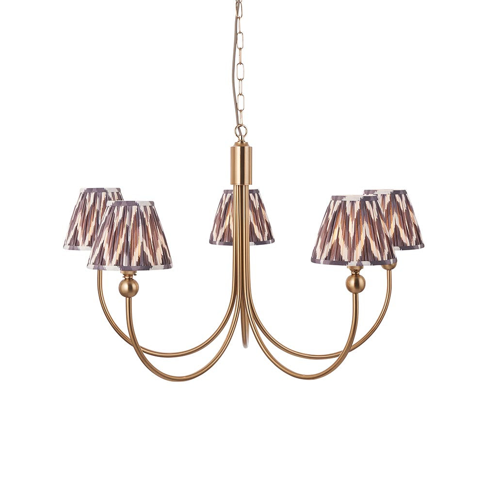 Santiago And Zigzag 5 Lights 16cm Pearl Grey Shade Curved Ceiling Pendant Light In Brushed Aged Brass