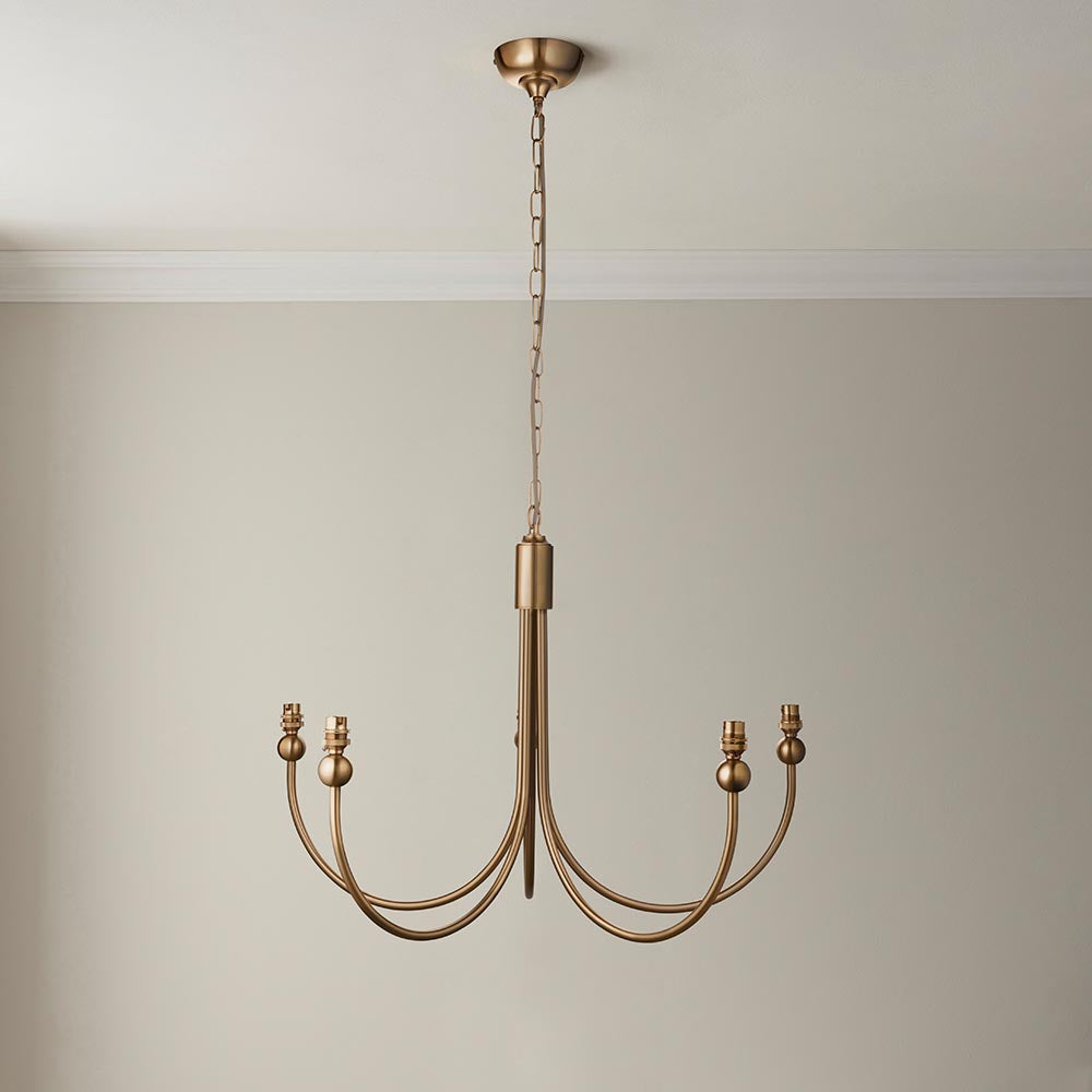 Santiago And Zigzag 5 Lights 16cm Pearl Grey Shade Curved Ceiling Pendant Light In Brushed Aged Brass