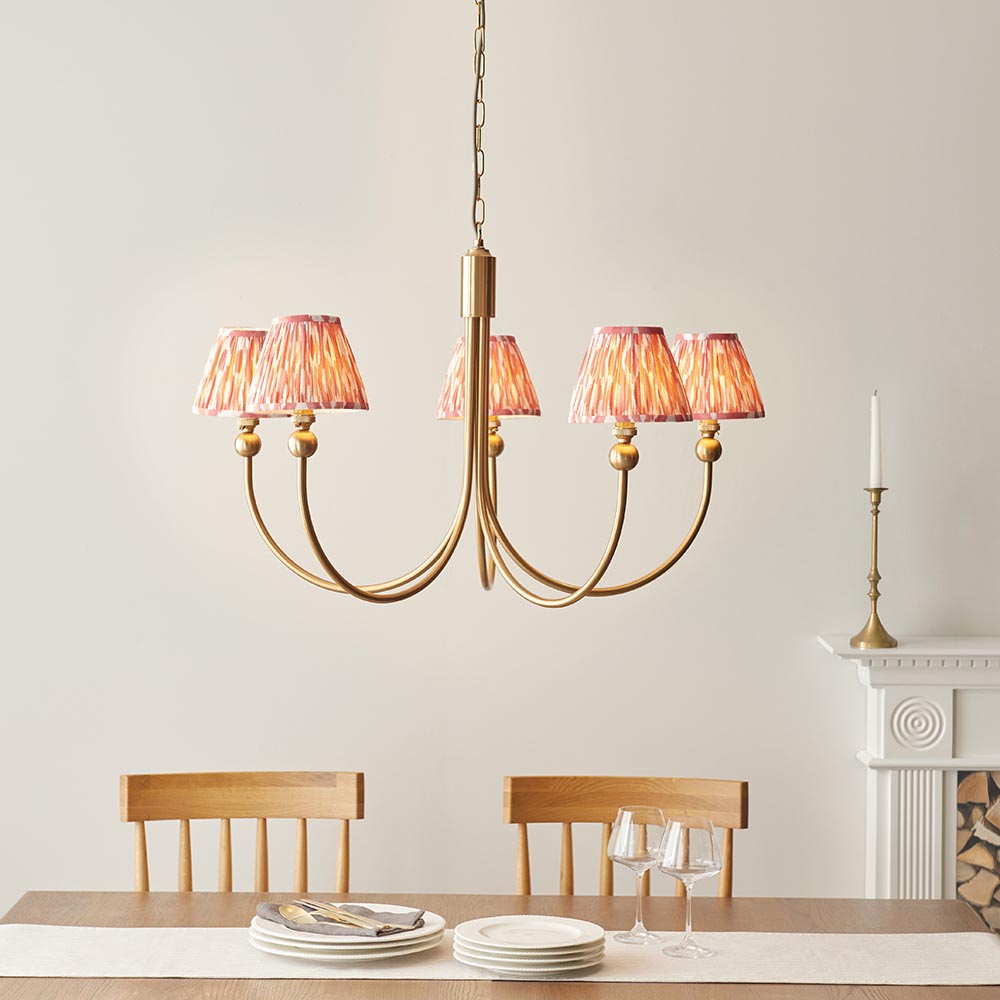 Santiago And Ikat 5 Lights 16cm Coral Pink Shade Curved Ceiling Pendant Light In Brushed Aged Brass