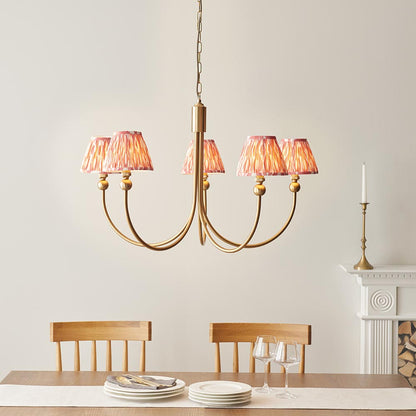 Santiago And Ikat 5 Lights 16cm Coral Pink Shade Curved Ceiling Pendant Light In Brushed Aged Brass
