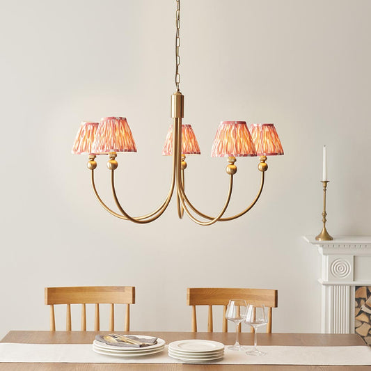 Santiago And Ikat 5 Lights 16cm Coral Pink Shade Curved Ceiling Pendant Light In Brushed Aged Brass