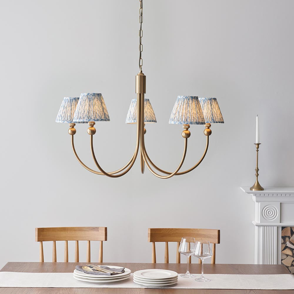 Santiago And Leaf 5 Lights 16cm Shell Bay Blue Shade Curved Ceiling Pendant Light In Brushed Aged Brass