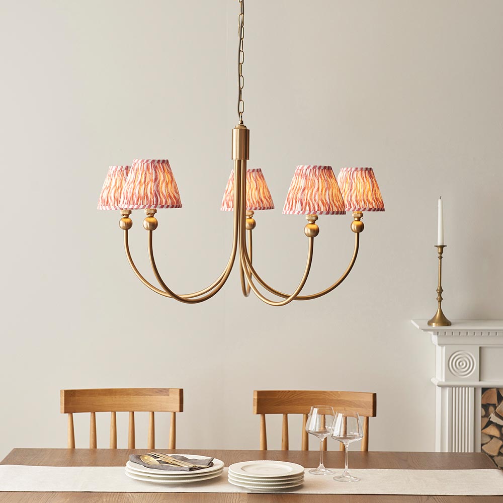 Santiago And Ripple 5 Lights 16cm Coral Pink Shade Curved Ceiling Pendant Light In Brushed Aged Brass