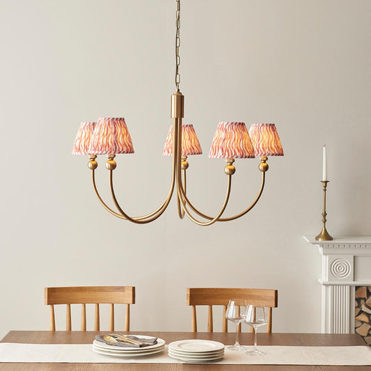 Santiago And Ripple 5 Lights 16cm Coral Pink Shade Curved Ceiling Pendant Light In Brushed Aged Brass