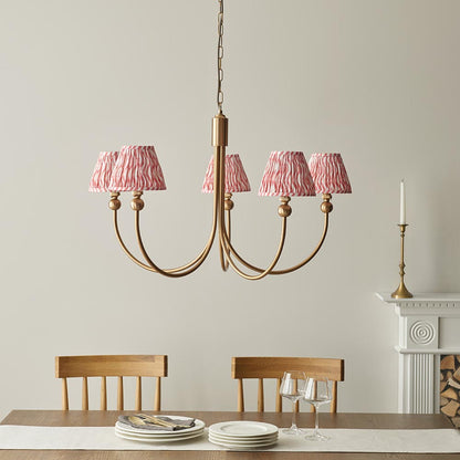 Santiago And Ripple 5 Lights 16cm Coral Pink Shade Curved Ceiling Pendant Light In Brushed Aged Brass