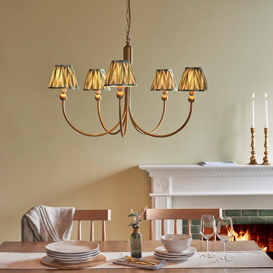 Santiago And Zigzag 5 Lights 16cm Cotswold Green Shade Curved Ceiling Pendant Light In Brushed Aged Brass